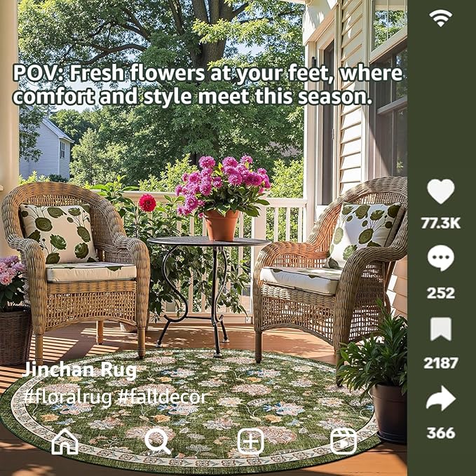 jinchan Elora 7ft Floral Round Rug for Dining Room Washable Living Room Rug Vintage Romance Design Non Slip Indoor Floor Cover Lightweight Low-Profile Throw Carpet for Bedroom Porch Patio, Green