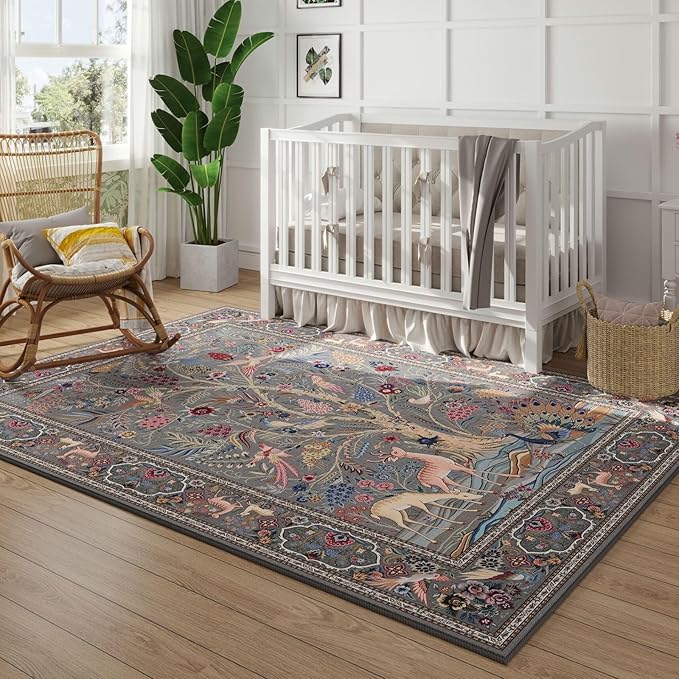 Rugcomf Area Rugs 5x7 Vibrant Tree of Life-Patterned Vintage Washable Area Rug Non Slip Low Pile Large Rugs for Living Room Bedroom Farmhouse Dining Room Kids Playroom, Grey
