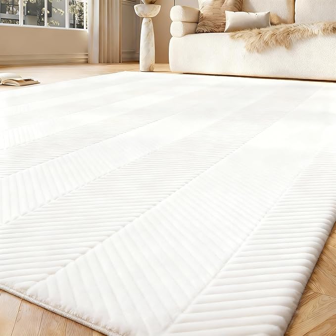 Area Rug for Living Room - 6x9 Soft Faux Rabbit Fur Modern Geometric Wave Carpet for Bedroom, Light Beige