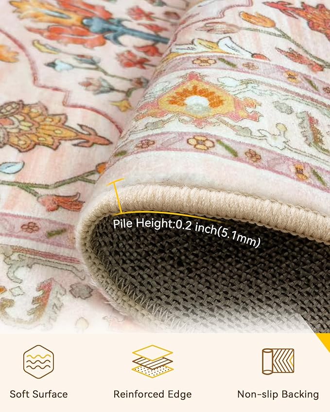 Area Rugs Square 6ft Washable Non-Slip, Floral Vintage Distress Print Pattern Medallion Carpet for Living Room Bedroom Dining Room, Light Pink Colorful