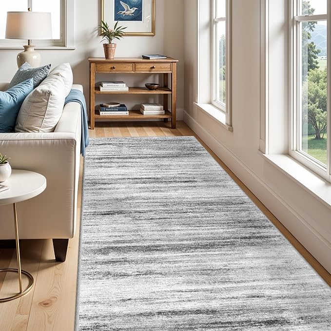 Large Runner Rugs for Hallway 4x20: Non-Slip Washable Wide Carpet - Soft Low-Pile Stain and Spill Resistant Rug for Entryway Living Room Dining Room Balcony Garage Office Grey
