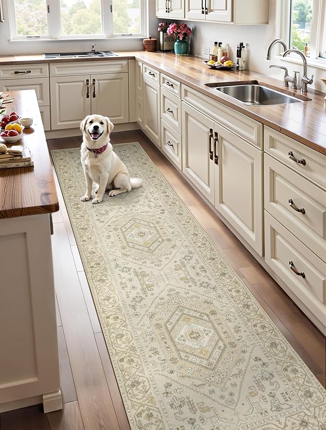 SERISSA Runner Rug for Hallways, 2'6"x8' Washable Non Slip Kitchen Runner Rug, Long Boho Rug Vintage Beige Hallway Stair Ultra Soft Print Floor Carpet for Bedroom Bathroom Laundry Room