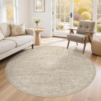 6ft Round Rug Living Room: Washable Large Vintage Rug Neutral Non-Slip Soft Stain Resistant Indoor Carpet for Bedroom Nursery Dining Room Under Table Bed Home House Office Playroom - Brown