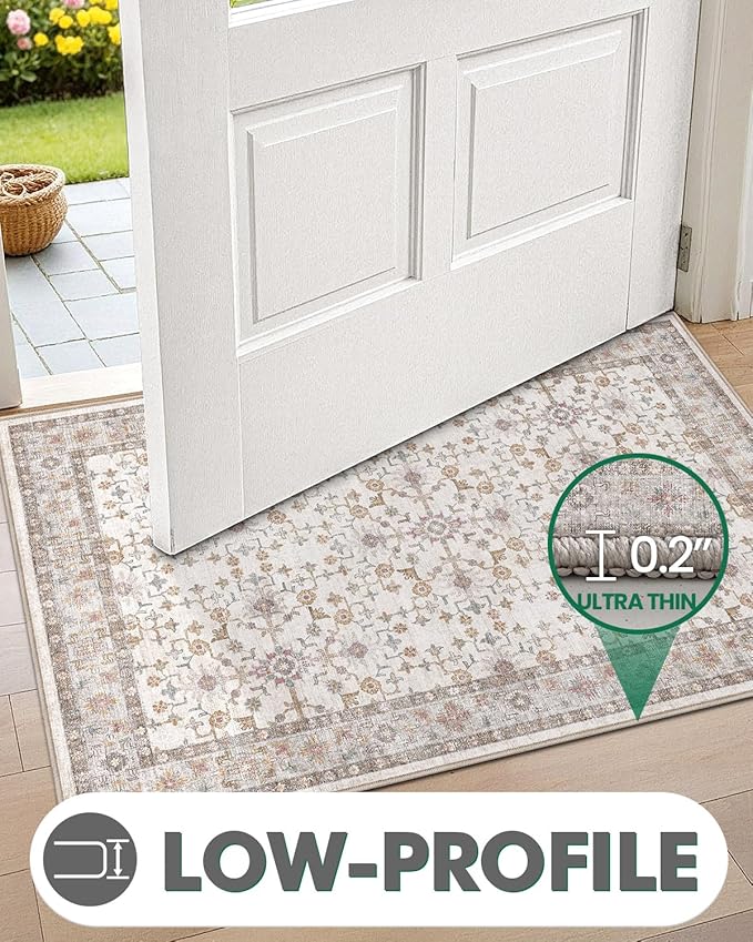 LUMI Indoor Thin Door Mat, 32x47 Washable Small Inside Doormat, Non Slip Low Pile Oriental Floor Carpet, Vintage Distressed Area Rug for Front Door,Entrance,Bedroom, Beige