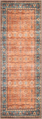 Bloom Rugs Washable Non-Slip 7 ft Runner - Orange/Teal Blue Traditional Bordered Runner for Entryway, Hallway, Bathroom, and Kitchen - Exact Size: 2.5' x 7'