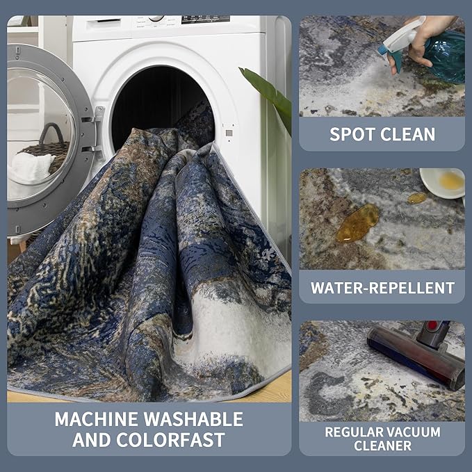 Modern Washable Rug for Living Room: Abstract 9x12 Area Rugs for Bedroom Low Pile Non Slip - Stain Resistant Carpet for Dining Room Indoor - Blue Gold