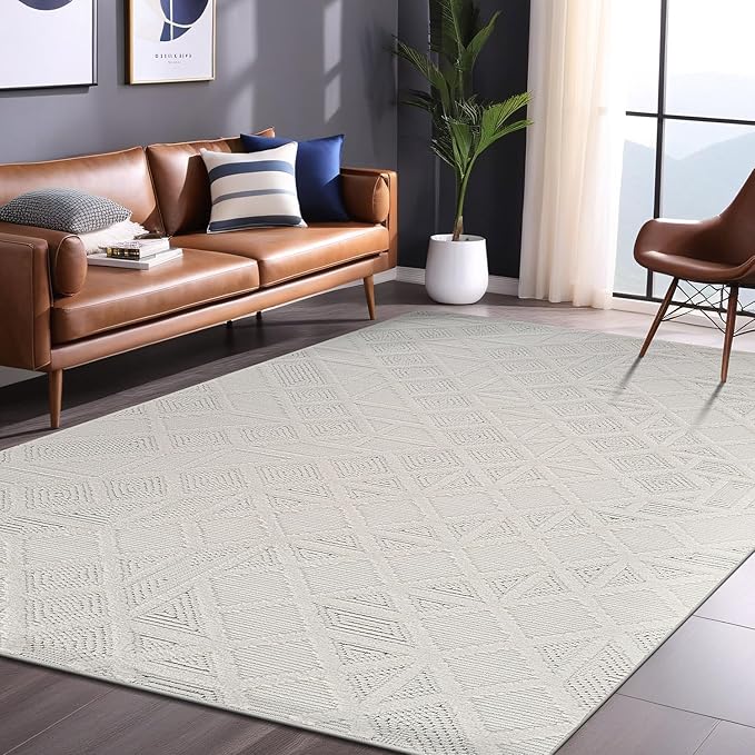 Modern Micro Loop Indoor Area Rugs for Living Room Bedroom Kitchen Geometric Square White 8x10 Luxury Durable Low and High Pile Non-Shedding Stain Resistant Soft Area Carpet 8 x 10