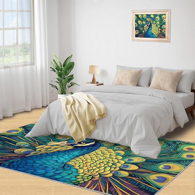 Peacock Rug 5x6-5x6 Rug, Wonderful Peacock Area Rugs for Bedroom, Teal Turquoise Rugs for Living Room, Modern Style Washable Mat, Malachite Green Feather Carpet - Peafowl Home Decor & Gifts