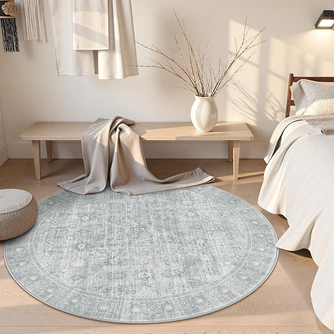 LIVEBOX Vintage Round Rug - Washable 5 Foot Large Oriental Circle Grey Rug for Living Room, Non-Slip Soft Carpet Low Pile Entryway Circular Rugs for Foyer Kitchen Kids Room