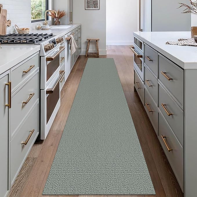 EARTHALL Washable Runner Rug 2x12 Ft Non Slip Runners for Hallways Long Cotton Rubber Backed Kitchen Runner Braided Indoor Floor Carpet Runners for Entryway, Hall, Kitchen, Green/Grey