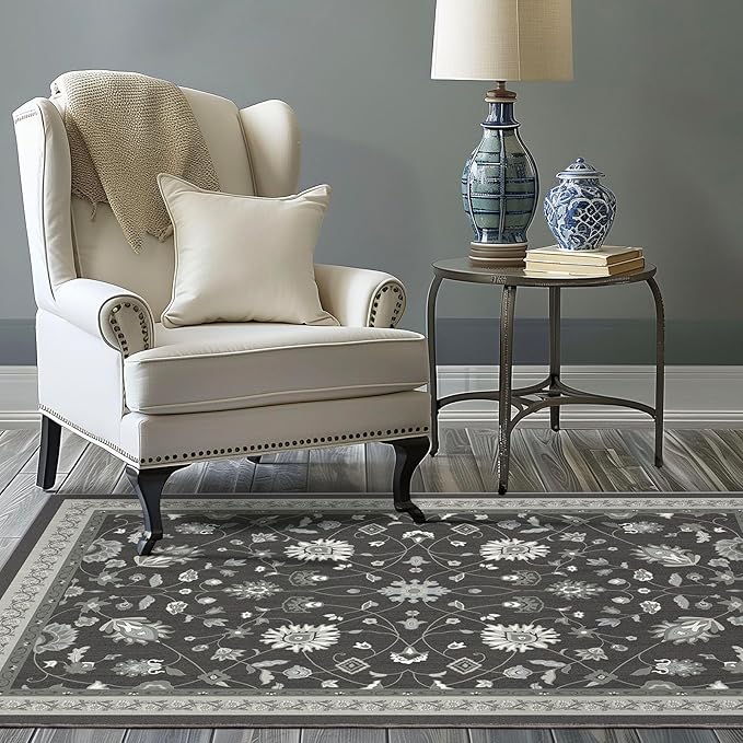 EVERGRACE Area Rugs for Living Room 4x6, Boho Floral Faux Wool Indoor Outdoor Rugs, Washable Rugs for Bedroom Entryway Dining Room Hallyway, Low Pile Floor Mat Carpet for Home Decor, Ebony Black