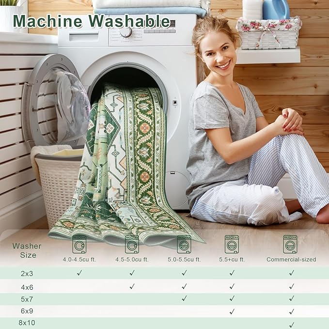 4x6 Green White Area Rug for Living Room, Machine Washable Rugs with Non-Slip Backing for Bedroom, Vintage Medallion Carpet Kitchen Laundry Kids Room Decor