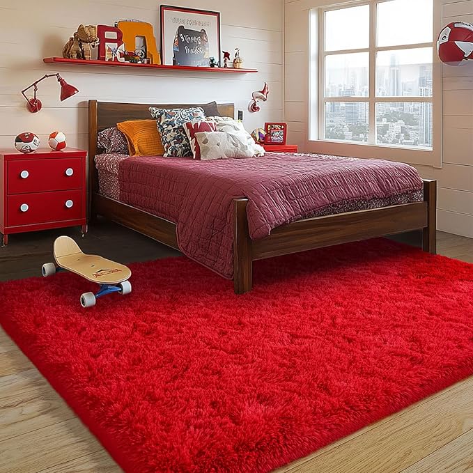 Red Fluffy Rug Plush Carpet for Bedroom Dorm, Non-Slip High Pile Rug, Shag Rug for Playroom Nursery Home Office Decor 8X10 Ft