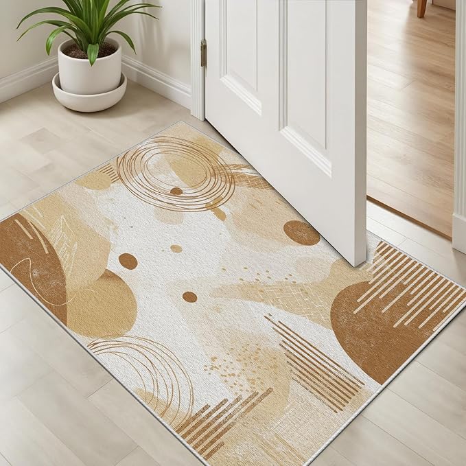 Minimalist Abstract Area Rug 7x10 Beige Boho, Modern Washable Geometric Art Carpet, Soft Non-Slip Low-Pile Carpet for Living Room, Bedroom, Kitchen, Dining Room, Pet Friendly, Non-Shedding, Brown