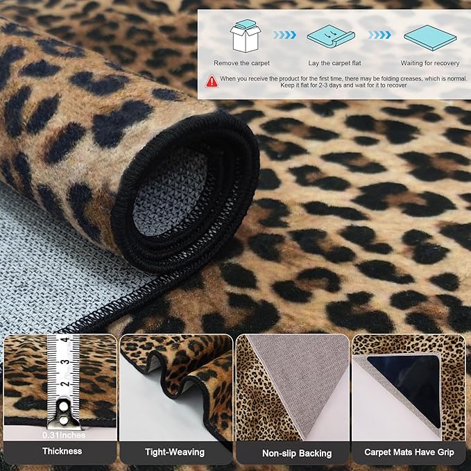 Leopard Rug 2x8 Modern Print Hallway Runner Rug with Rubber Backing Washable Non-Slip Runner Rugs for Bedroom Kitchen Living Room Indoor Decor（2x8ft,Brown）