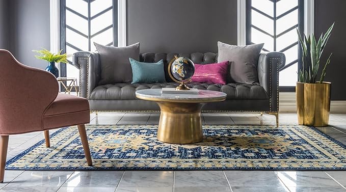 Unique Loom Taftan Collection Border Geometric Tribal Inspired Design Area Rug (9' 10 x 13' 0 Rectangular, Navy Blue/ Gold)
