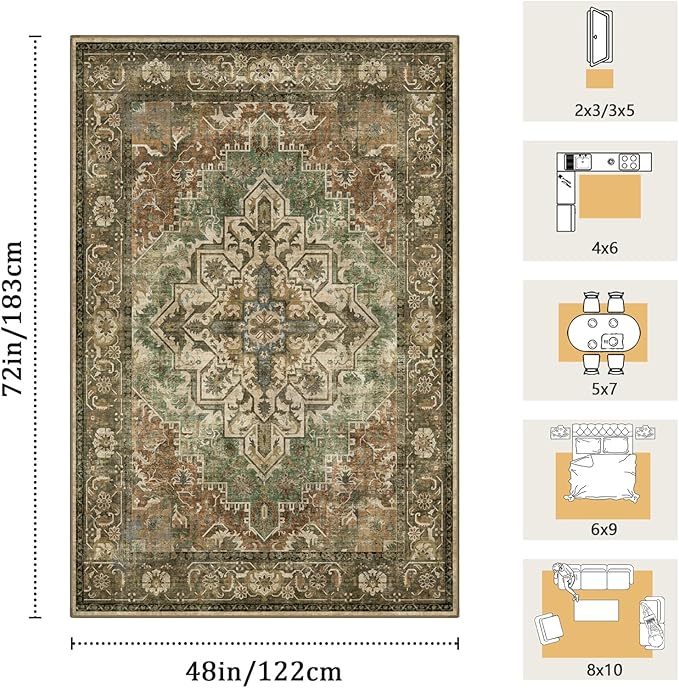 4x6 Machine Washable Area Rug for Living Room, Brown Green Boho Vintage Floral Rug Large Non-Slip Low Pile Soft Faux Wool Carpet, Kids and Pets Friendly for Bedroom Dining Room Farmhouse Decor Rug