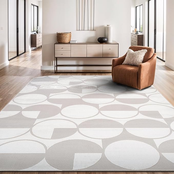 Beverly Rug Modern Geometric Area Rug 4x6 Low-High Pile Durable Soft Abstract Circular Indoor Rugs for Living Dining Room Office Stain Resistant Non Shedding Casual Indoor Carpet Beige White 4 x 6