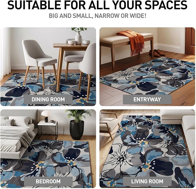 Modern Large Floral Non-Slip (Non-Skid) Area Rug 8 x 10 (7' 10" x 10') Gray-Blue