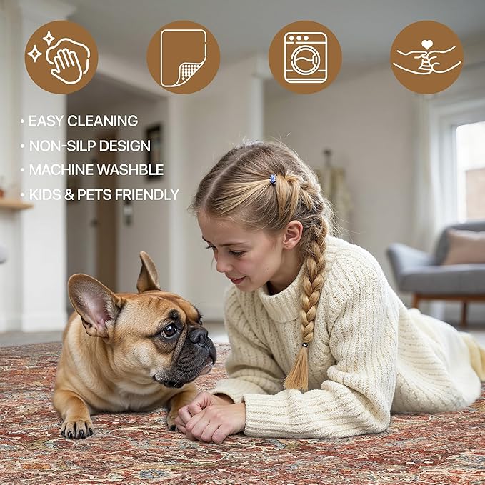 2x3 Entrance Rug Machine Washable Rug Small Door Mat,Ultra-Thin Low Pile Pad,Lightweight Indoor Carpet,Non Slip Floral Area Rug for Entryway,Bedside,Kids Room,Laundry,Bathroom,Terracotta/Indigo