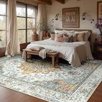 Area Rugs 10'x12' Washable Non-Slip, Floral Vintage Distress Print Pattern Medallion Carpet for Living Room Bedroom Dining Room, Light Yellow Carbon Grey Orange