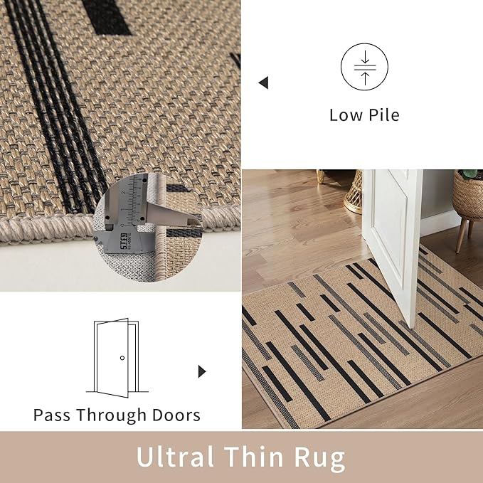 Tangsoo Stripe Easy Jute Rug,Ultra Thin 3x5 Washable Area Rug for Bedroom,Non-Slip Black Indoor Outdoor Rug Modern Low Pile Carpet Farmhouse Non Shedding Mat for Patio Backyard Entryway