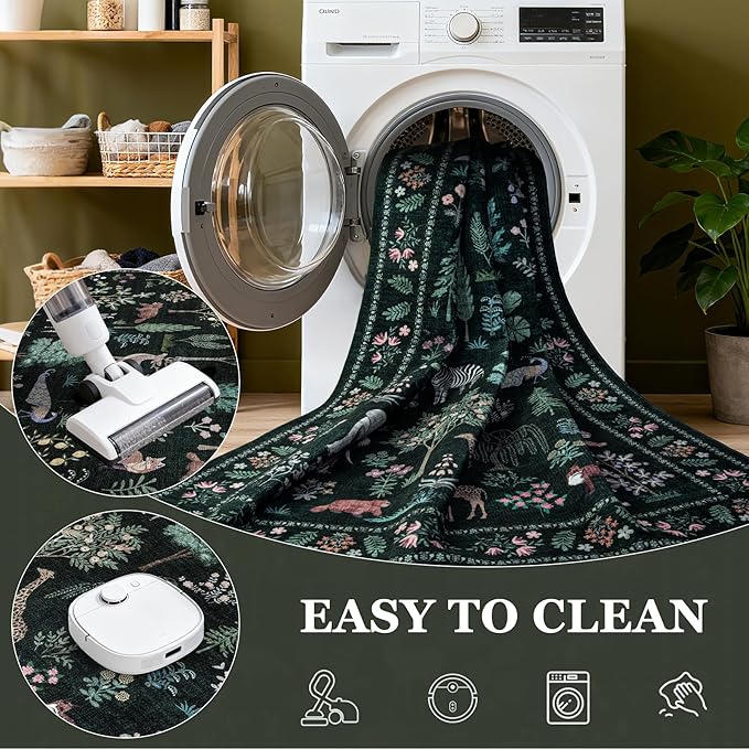 8x10 Area Rugs Living Room Rug: Vintage Washable Rug Floral Soft Carpet Indoor Floor Non-Slip Boho Stain Resistant Large Carpets for Bedroom Kids Nursery Dining Room Farmhouse Home Office Green