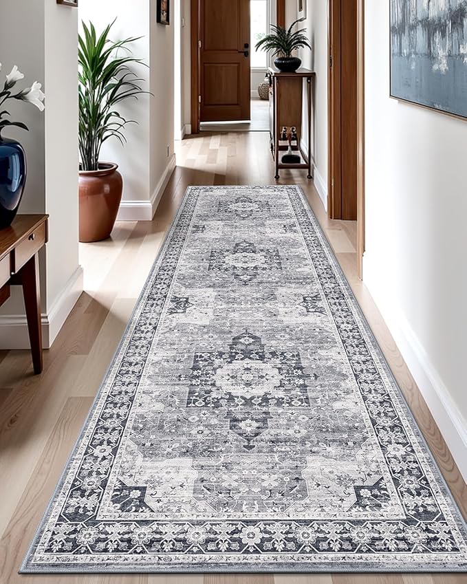 LUMI Runner Rug 3x7, Washable Non-Slip Hallway Throw Rugs, Long Soft Thin Vintage Oriental Kitchen Mats, Low-Pile Indoor Kitchen Entryway Area Rug, Dusty Blue