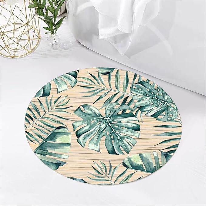 Tropical Leaf Round Area Rug 3ft - Green Beige Watercolor Design Indoor Carpet, Soft Non-Slip Floor Mat for Living Room Bedroom Office, Easy Clean Modern Decor