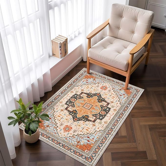 2x3 Orange Beige Small Area Rug for Entryway, Soft Washable Rugs with Non-Slip Backing for Bedroom Kitchen, Vintage Throw Carpet Laundry Entry Front Door Decor