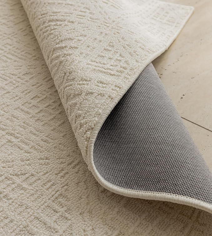 jxgzyy Beige Area Rug, 0.36'' Thick Low Pile Textured Rug, Modern Aesthetic Solid Carpet for High Traffic Area, Stain-Resistant Kitchen Rug with Non-Slip Backing, 5x7