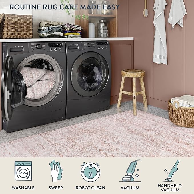 Lahome Pink Rugs for Bedroom Girls,Cute Nursery Rug Boho Area Rugs 5x7,Floral Living Room Rug Carpet Ultra-Thin Soft Washable, Kids Rugs for Playroom Baby Room Decor Dorm (Pink, 5'X7')