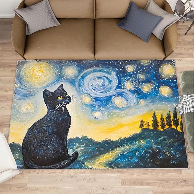 Black Cat Rugs for Bedroom - 5x6 Area Rug - Starry Sky Countryside Rugs for Living Room, Vintage Oil Painting Art Rug, Washable Home Decor Carpet