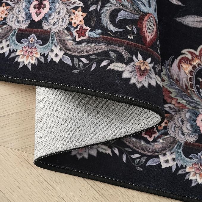 Rugcomf Vintage Paisley Kitchen Runner Rug 2'x6' - Machine Washable, Non-Slip Low Pile Floral Carpet for Laundry, Bedroom, Bathroom - Black