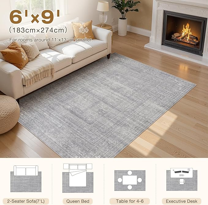 6x9 Area Rugs Living Room: Washable Large Vintage Grey Rug Neutral Non-Slip Soft Stain Resistant Indoor Carpet for Bedroom Nursery Dining Room Under Table Bed Home House Office Playroom
