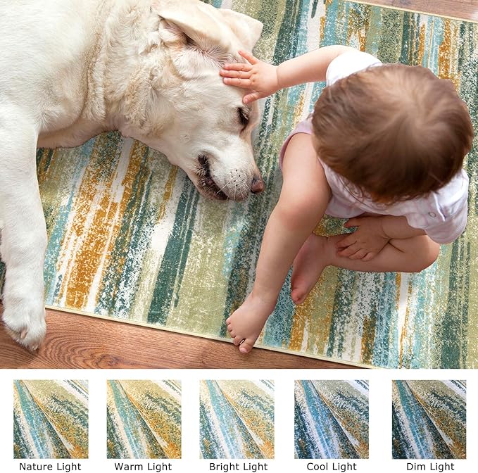 Modern Abstract 6x9 Machine Washable Living Room Rug Non-Slip Soft Bedroom Area Rug Green Mustard Multi Ultra Thin Print Faux Wool Floor Carpet Throw Rug for Nursery Playroom Dining Room Indoor