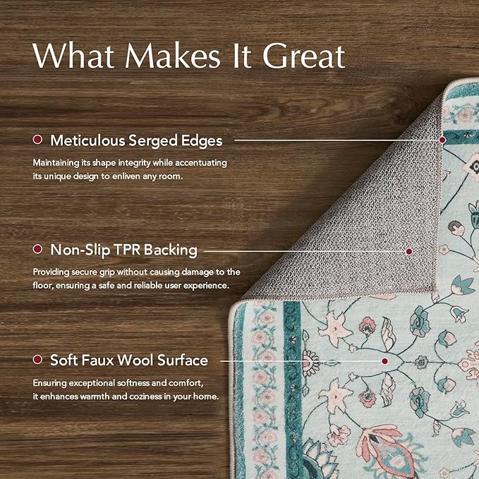 EVERGRACE Hallyway Area Runner Rugs 2x6, Boho Floral Faux Wool Indoor Outdoor Rugs, Washable Rugs for Bedroom Bathroom Living Room Kitchen, Low Pile Floor Mat Carpet for Home Decor, Pale Blue