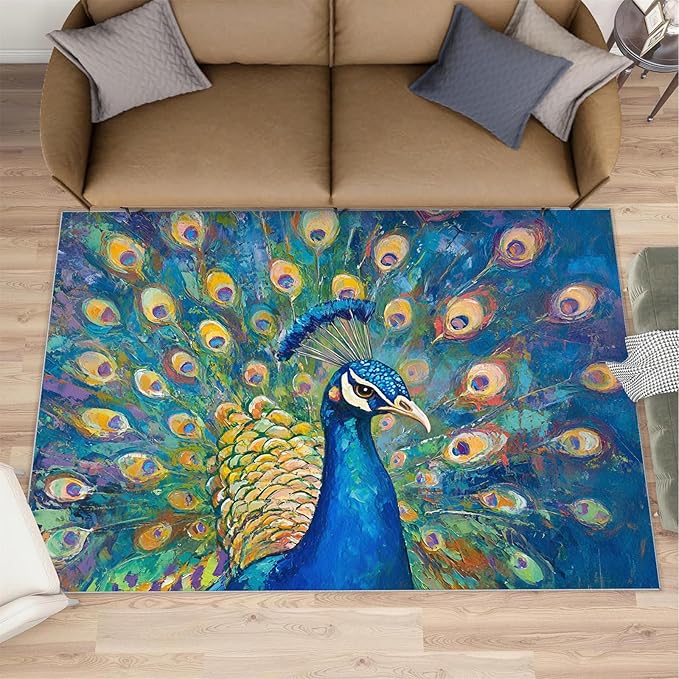Peacock Rug Small - 4x5 Rug, Turquoise Teal Peafowl Washable Rugs for Living Room, Peafowl Decor Carpet, Modern Style Non-Slip Area Rugs for Bedroom, Aesthetics Carpet - Peafowl Home Decor & Gifts