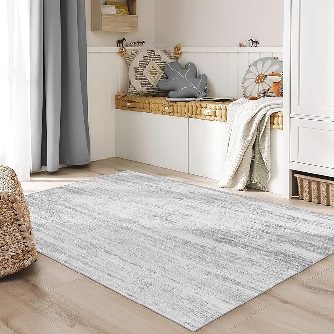 MUJOO Washable Rug 4x6.5,Small Area Rugs for Bedroom Living Room Office Playroom,Modern Abstract Non Slip Carpet,Indoor Throw Carpet,Low Pile Accent Neutral Grey