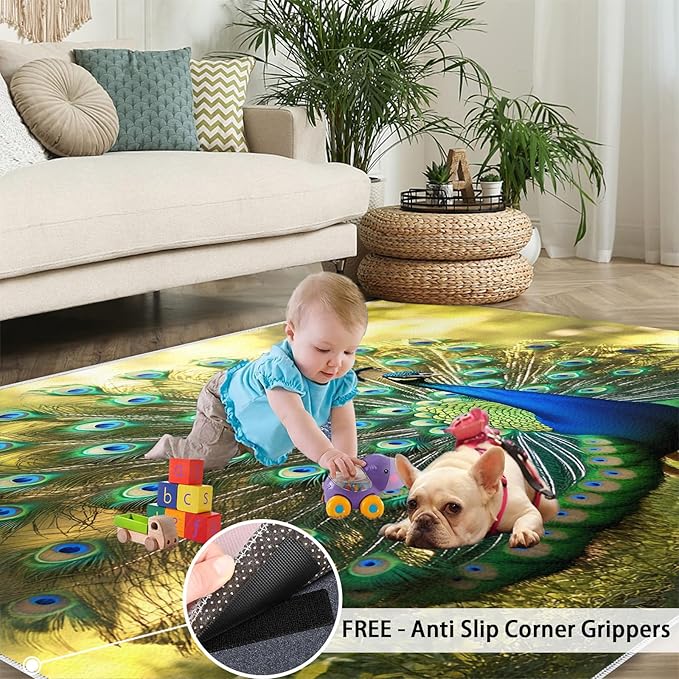 Peacock Rug 3x5-3x5 Rug, Wonderful Peacock Area Rugs for Bedroom, Nature Rugs for Living Room, Modern Style Washable Mat, Aesthetics Carpet - Peafowl Home Decor & Gifts
