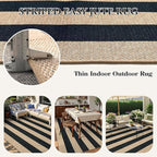 Lahome Striped Easy Jute Dining Room Rug, 6x9 Indoor Outdoor Rugs for Patio Living Room, Farmhouse Neutral Non Slip Low Pile Black Carpet for Bedroom Office Backyard Classroom