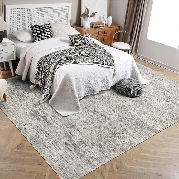 RUGSREAL Area Rug 5x7 Machine Washable Area Rug for Living Room Non-Slip Stain Resistant Modern Abstract Carpet Contemporary Solid Throw Rug Foldable Accent Floor Carpet for Dining Room, Taupe
