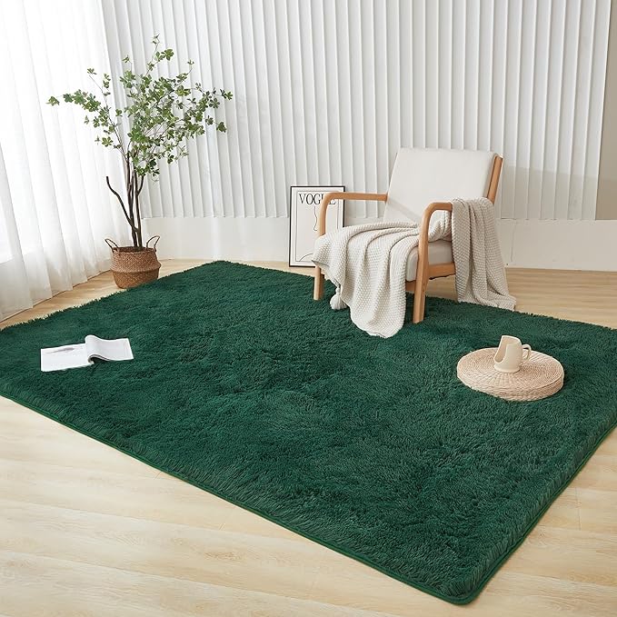 Andency Emerald Green Area Rugs 9x12 for Living Room Home Decor, Large Shaggy Bedroom Carpet, Non-Slip Big Shag Indoor Thick Soft Fluffy Furry Fur Area Rugs for Kids Dorm Nursery Aesthetic