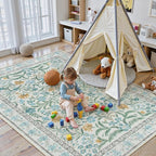 Lahome Blue 5x7 Area Rugs for Living Room, Boho Floral Washable Girls Bedroom Rug, Soft Retro Non-Slip Kids Nursery Carpet for Playroom Apartment Decor