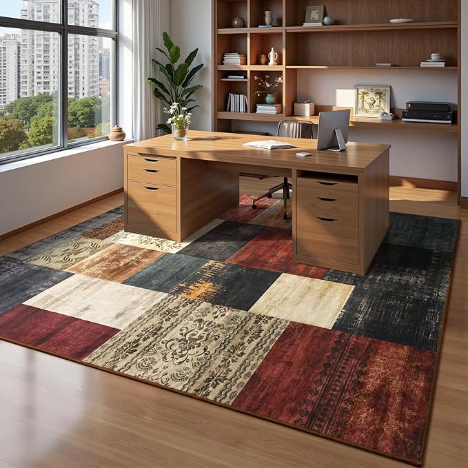 DweIke Washable Area Rugs for Living Room, 5x7 Soft Bedroom Rugs, Geometric Print Non-Slip Modern Rug, Stain Resistant Throw Carpets for Office Nursery Dining Room Home Dorm Decor, Colorful