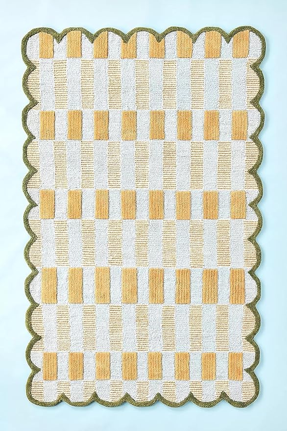 Hand-Tufted Wool Rug with Scalloped Edges, Light Blue Plaid Pattern, Cozy Soft Area Rug for Living Room, Bedroom, and Nursery, Handmade Modern Accent Rug (Blue, 9X14 FEET)