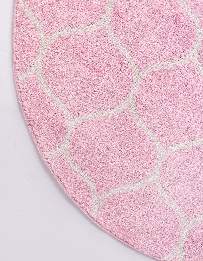 Rugs.com Lattice Frieze Collection Rug – 7' Round Light Pink Medium Rug Perfect for Kitchens, Dining Rooms