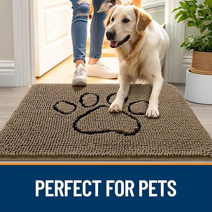 OLANLY Dog Door Mat for Muddy Paws 47x32, Paw Print Design, Absorbs Moisture and Dirt, Absorbent Non-Slip Washable Doormat, Quick Dry Chenille Mud Mat for Dogs, Entry Indoor Entryway Carpet, Tan