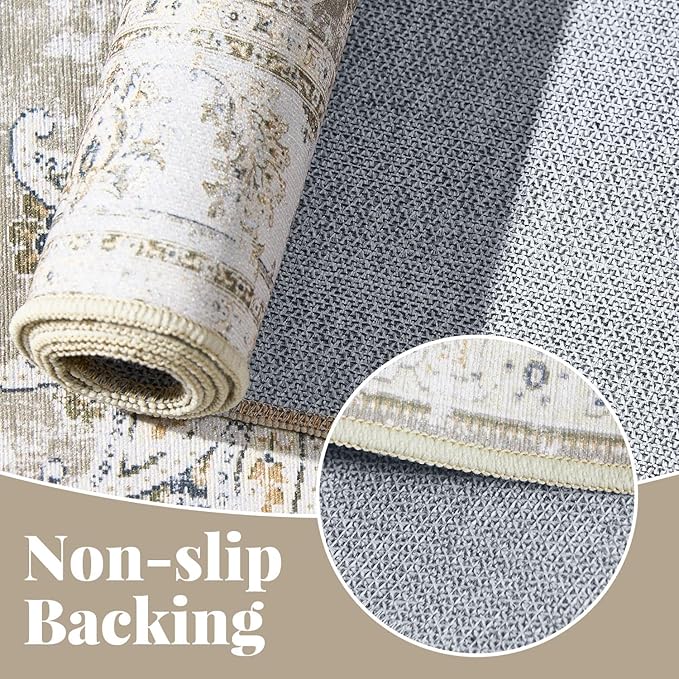 jinchan Fiora Runner Rug 2x5 Machine Washable Hallway Rug Taupe Vintage Floral Print Non-Slip Low Pile Ultra-Thin for Kitchen, Entryway, Laundry Room, Bedroom, Farmhouse (2‘x5’, Taupe)