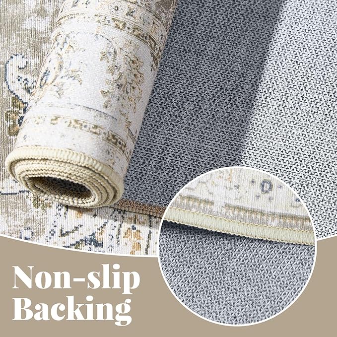 jinchan Fiora Runner Rug 2x6 Machine Washable Hallway Rug Taupe Vintage Floral Print Non-Slip Low Pile Ultra-Thin for Kitchen, Entryway, Laundry Room, Bedroom, Farmhouse (2‘x6’, Taupe)
